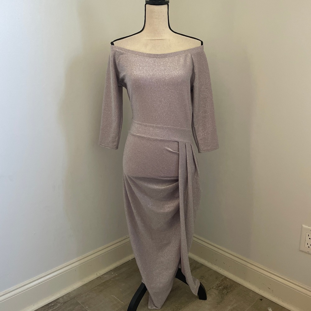 Off the Shoulder Draped Midi Dress Size Medium Glitter Metallic Pink Party Tulip